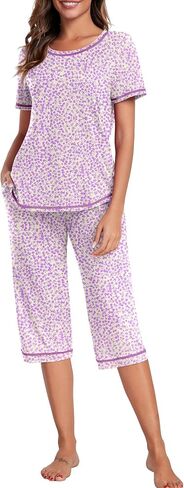 PrinStory Women's Pajama Sets Short Sleeve Sleepwear Top and Capri Pants Soft Loungewear Pjs Set 2 Piece with Pockets in Saudi Arabia
