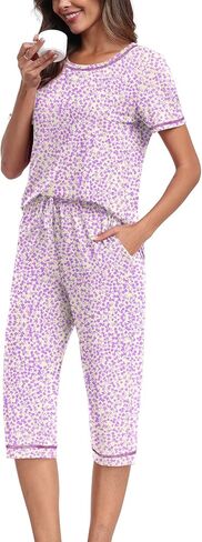 PrinStory Women's Pajama Sets Short Sleeve Sleepwear Top and Capri Pants Soft Loungewear Pjs Set 2 Piece with Pockets in Saudi Arabia
