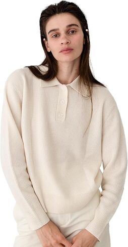 سترة نسائية من الكشمير بياقة بولو مضلعة من State Cashmere مع أزرار - 100% كشمير نقي من ماعز منغوليا الداخلية in Kuwait