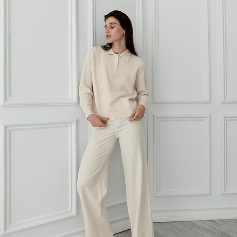 سترة نسائية من الكشمير بياقة بولو مضلعة من State Cashmere مع أزرار - 100% كشمير نقي من ماعز منغوليا الداخلية in Kuwait