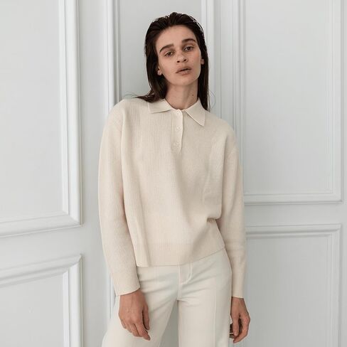 سترة نسائية من الكشمير بياقة بولو مضلعة من State Cashmere مع أزرار - 100% كشمير نقي من ماعز منغوليا الداخلية in Kuwait