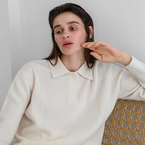 سترة نسائية من الكشمير بياقة بولو مضلعة من State Cashmere مع أزرار - 100% كشمير نقي من ماعز منغوليا الداخلية in Kuwait