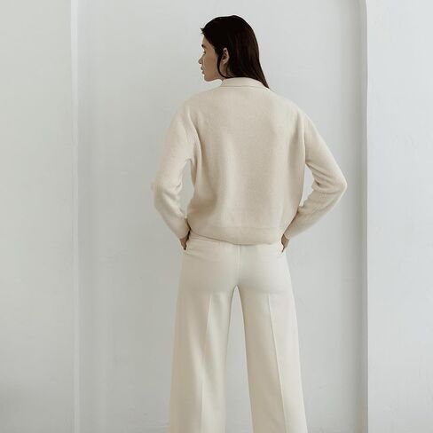 سترة نسائية من الكشمير بياقة بولو مضلعة من State Cashmere مع أزرار - 100% كشمير نقي من ماعز منغوليا الداخلية in Kuwait