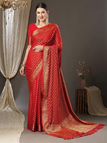Saree For Women's Woven Design Kanjeevaram Saree With Unstitched Blouse Piece (Multicolor) in Saudi Arabia