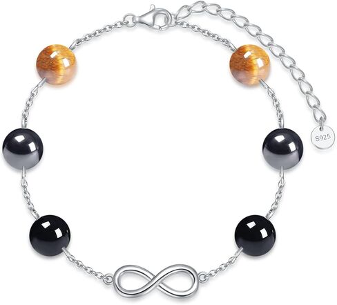 Infinity Triple Protection Bracelet for Women 925 Sterling Silver Natural Gemstone Bracelet Genuine Tigers Eye Black Obsidian and Hematite 8mm Beads Bracelet for Women Bring Luck and Prosperity in Kuwait