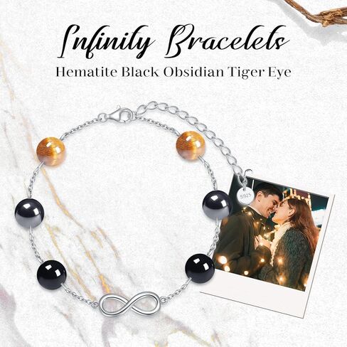 Infinity Triple Protection Bracelet for Women 925 Sterling Silver Natural Gemstone Bracelet Genuine Tigers Eye Black Obsidian and Hematite 8mm Beads Bracelet for Women Bring Luck and Prosperity in Kuwait