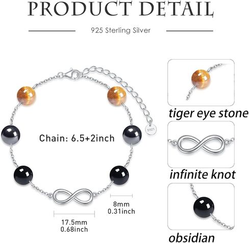 Infinity Triple Protection Bracelet for Women 925 Sterling Silver Natural Gemstone Bracelet Genuine Tigers Eye Black Obsidian and Hematite 8mm Beads Bracelet for Women Bring Luck and Prosperity in Kuwait