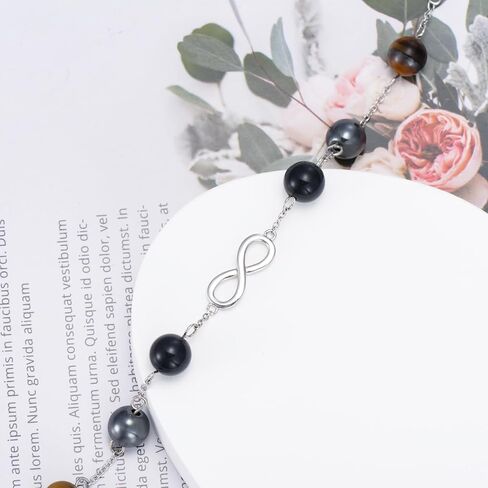 Infinity Triple Protection Bracelet for Women 925 Sterling Silver Natural Gemstone Bracelet Genuine Tigers Eye Black Obsidian and Hematite 8mm Beads Bracelet for Women Bring Luck and Prosperity in Kuwait