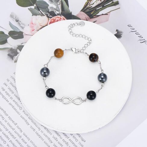 Infinity Triple Protection Bracelet for Women 925 Sterling Silver Natural Gemstone Bracelet Genuine Tigers Eye Black Obsidian and Hematite 8mm Beads Bracelet for Women Bring Luck and Prosperity in Kuwait