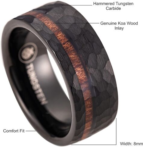 8mm Tungsten Carbide Hawaiian Koa Wood Inlay Comfort Fit Men Ring Engagement Wedding Band, Scratch Resistant Weighted Hypoallergenic with Jewelry Gift Box in Saudi Arabia