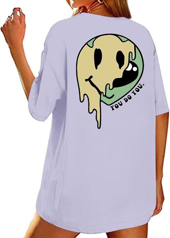 Bobeutou Oversized Graphic Tees for Women Cute Smile Face Shirt Womens Baggy T Shirts Cotton Tops Loose Fit Vintage T-Shirts in Saudi Arabia