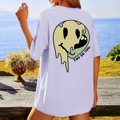 Bobeutou Oversized Graphic Tees for Women Cute Smile Face Shirt Womens Baggy T Shirts Cotton Tops Loose Fit Vintage T-Shirts in Saudi Arabia