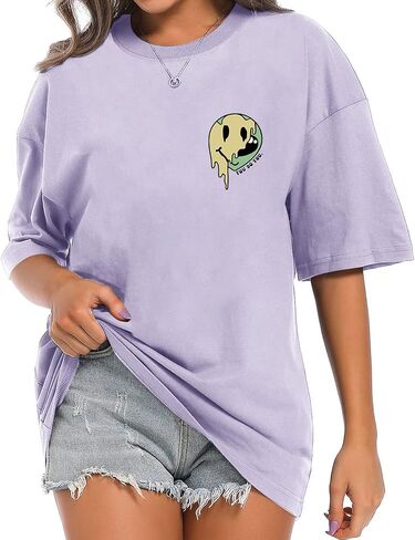 Bobeutou Oversized Graphic Tees for Women Cute Smile Face Shirt Womens Baggy T Shirts Cotton Tops Loose Fit Vintage T-Shirts in Saudi Arabia
