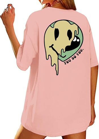 Bobeutou Oversized Graphic Tees for Women Cute Smile Face Shirt Womens Baggy T Shirts Cotton Tops Loose Fit Vintage T-Shirts in Saudi Arabia