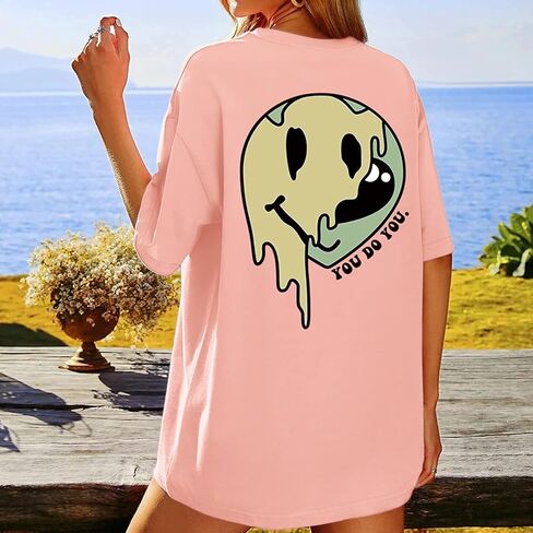 Bobeutou Oversized Graphic Tees for Women Cute Smile Face Shirt Womens Baggy T Shirts Cotton Tops Loose Fit Vintage T-Shirts in Saudi Arabia