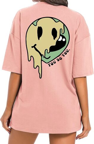 Bobeutou Oversized Graphic Tees for Women Cute Smile Face Shirt Womens Baggy T Shirts Cotton Tops Loose Fit Vintage T-Shirts in Saudi Arabia