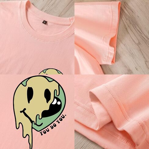 Bobeutou Oversized Graphic Tees for Women Cute Smile Face Shirt Womens Baggy T Shirts Cotton Tops Loose Fit Vintage T-Shirts in Saudi Arabia