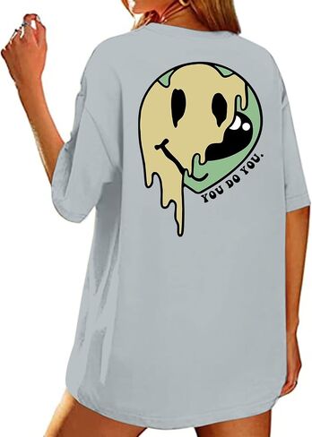 Bobeutou Oversized Graphic Tees for Women Cute Smile Face Shirt Womens Baggy T Shirts Cotton Tops Loose Fit Vintage T-Shirts in Saudi Arabia