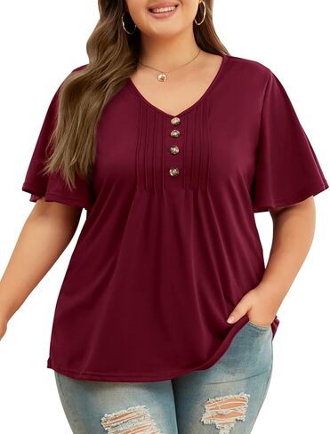 قمصان نسائية من Tanst Sky بمقاسات كبيرة وأكمام مكشكشة ورقبة على شكل حرف V وبلوزات تونيك صيفية كاجوال مقاس XL-5XL in Kuwait