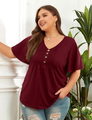 قمصان نسائية من Tanst Sky بمقاسات كبيرة وأكمام مكشكشة ورقبة على شكل حرف V وبلوزات تونيك صيفية كاجوال مقاس XL-5XL in Kuwait