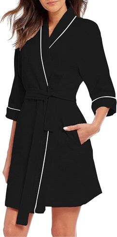 MISSKY رداء حمام نسائي منسوج بنسيج وافل بطول الركبة وملابس نوم ناعمة مع جيوب in Kuwait