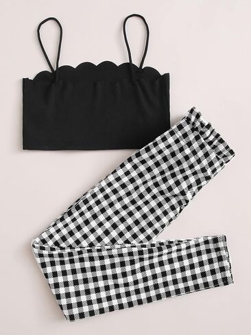 OYOANGLE Girl's 2 Piece Outfits Scallop Trim Crop Cami Top and Plaid Paperbag Belted Pants Set in Saudi Arabia