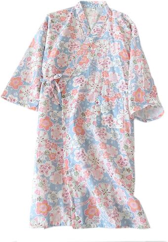 Women's Summer Cotton Kimono Robes Floral Pajamas Khan Steamed Bathrobe Yukata in Kuwait