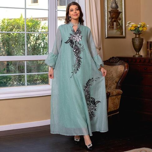 IDOPIP Abayas for Women Muslim Long Sleeve Embroidery Applique Maxi Kaftan Dresses Casual Loose Full Cover Islamic Dubai Robe in Saudi Arabia