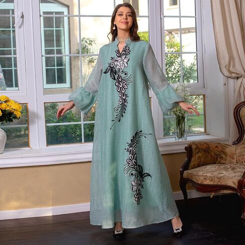 IDOPIP Abayas for Women Muslim Long Sleeve Embroidery Applique Maxi Kaftan Dresses Casual Loose Full Cover Islamic Dubai Robe in Saudi Arabia