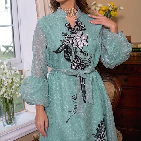 IDOPIP Abayas for Women Muslim Long Sleeve Embroidery Applique Maxi Kaftan Dresses Casual Loose Full Cover Islamic Dubai Robe in Saudi Arabia