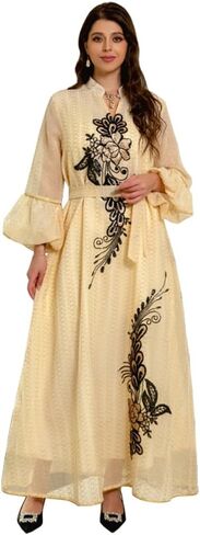 IDOPIP Abayas for Women Muslim Long Sleeve Embroidery Applique Maxi Kaftan Dresses Casual Loose Full Cover Islamic Dubai Robe in Saudi Arabia