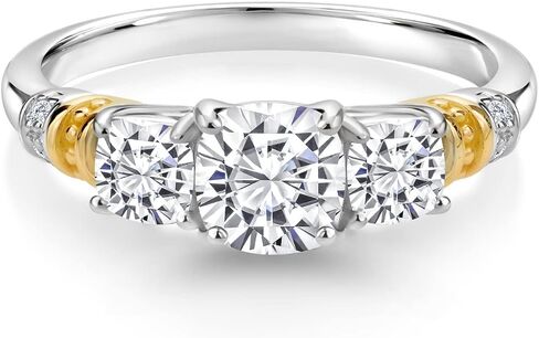 Gem Stone King 925 Silver and 10K Yellow Gold White Moissanite and White Diamond 3-Stone Engagement Ring For Women (1.77 Cttw, Cushion Cut 6MM and 4MM, Available in Size 5,6,7,8,9) in Saudi Arabia