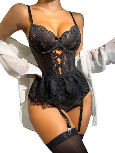 Lilosy Sexy Stocking Underwire Babydoll Heart Lace Mesh Garter Lingerie Set with Panty 4 Piece in Saudi Arabia