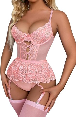 Lilosy Sexy Stocking Underwire Babydoll Heart Lace Mesh Garter Lingerie Set with Panty 4 Piece in Saudi Arabia