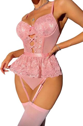 Lilosy Sexy Stocking Underwire Babydoll Heart Lace Mesh Garter Lingerie Set with Panty 4 Piece in Saudi Arabia