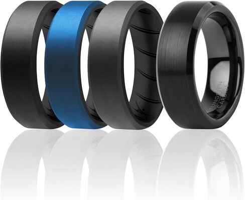 ROQ Silicone Rubber Wedding Ring for Men, Rubber Silicone Wedding Band, Comfort Fit, Tungsten Carbide & Beveled Edge Brush Top Silicone Ring Set, 8mm Wide 2mm Thick, 4 Pack, Multi Sizes in Kuwait