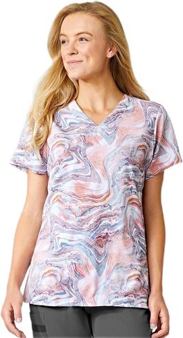 Women's Stretch Border V-Neck Print Scrub Top in Kuwait