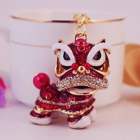 Chinese Style Keychain Dance Lion Rhinestone Pendant Key Chain Keyring For Car Handbag Charm Creative Gift (Red) in Saudi Arabia