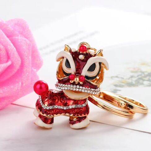 Chinese Style Keychain Dance Lion Rhinestone Pendant Key Chain Keyring For Car Handbag Charm Creative Gift (Red) in Saudi Arabia