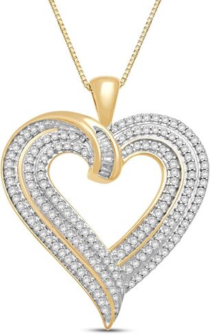 Jewelili Heart Necklace Pendant with Natural White Round and Baguette Diamonds 1/2 Cttw in 10K White or Yellow Gold 18" Box Chain in Saudi Arabia