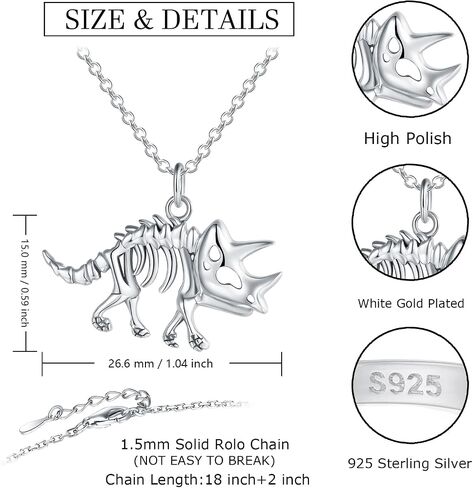 Dinosaur Tyrannosaurus Rex Necklace for Girls - 925 Sterling Silver Cute Triceratops Dinosaur Skull Bones Pendant Accessories Animal Jewelry Gifts for boys Girls Teens in Saudi Arabia