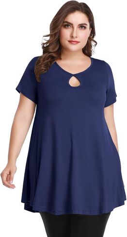MONNURO Womens Short Sleeve Sexy Keyhole Summer Swing Tunic Tops Plus Size Casual Loose Shirts Blouses in Saudi Arabia