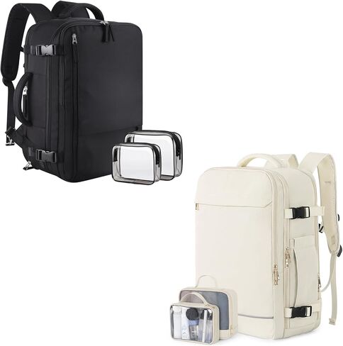 حقيبة ظهر كبيرة للسفر للنساء والرجال (أسود وبيج)، حقيبة ظهر للحمل سعة 40 لترًا، حقيبة ظهر كاجوال مقاومة للماء للكمبيوتر المحمول مقاس 17 بوصة، حقيبة كتب جامعية، حقيبة ظهر للنساء، كما تمت الموافقة على رحلة الشخص in Kuwait