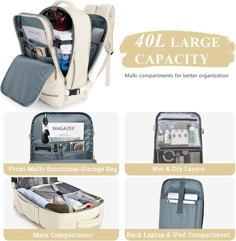 حقيبة ظهر كبيرة للسفر للنساء والرجال (أسود وبيج)، حقيبة ظهر للحمل سعة 40 لترًا، حقيبة ظهر كاجوال مقاومة للماء للكمبيوتر المحمول مقاس 17 بوصة، حقيبة كتب جامعية، حقيبة ظهر للنساء، كما تمت الموافقة على رحلة الشخص in Kuwait
