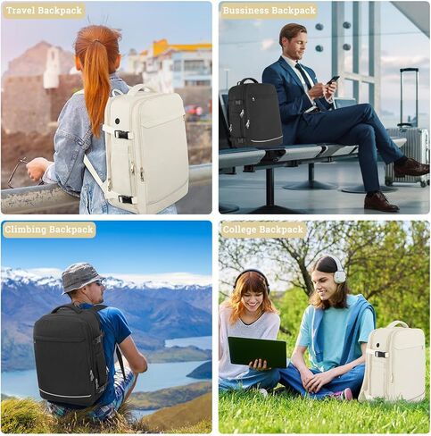 حقيبة ظهر كبيرة للسفر للنساء والرجال (أسود وبيج)، حقيبة ظهر للحمل سعة 40 لترًا، حقيبة ظهر كاجوال مقاومة للماء للكمبيوتر المحمول مقاس 17 بوصة، حقيبة كتب جامعية، حقيبة ظهر للنساء، كما تمت الموافقة على رحلة الشخص in Kuwait