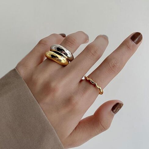 Me&Hz Chunky Gold Rings for Women Puffy Thin Dome Rings 14K Gold Plated Stackable Simple Band Ring Statement Gold Silver Rings for Girls Minimalist Bold Rings Dupes in Saudi Arabia