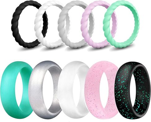 Silicone Wedding Ring Bands for Women 10 Pack Size 5.5-6 Womens Thin Stackable & Flash Powder Rubber Wedding Band Rings 5.7mm & 3mm Wide - Pink Black Teal Metallic White Grey Mint Green in Saudi Arabia