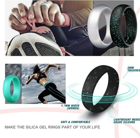 Silicone Wedding Ring Bands for Women 10 Pack Size 5.5-6 Womens Thin Stackable & Flash Powder Rubber Wedding Band Rings 5.7mm & 3mm Wide - Pink Black Teal Metallic White Grey Mint Green in Saudi Arabia