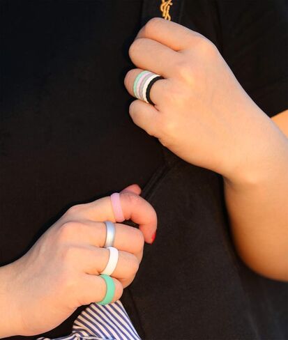 Silicone Wedding Ring Bands for Women 10 Pack Size 5.5-6 Womens Thin Stackable & Flash Powder Rubber Wedding Band Rings 5.7mm & 3mm Wide - Pink Black Teal Metallic White Grey Mint Green in Saudi Arabia