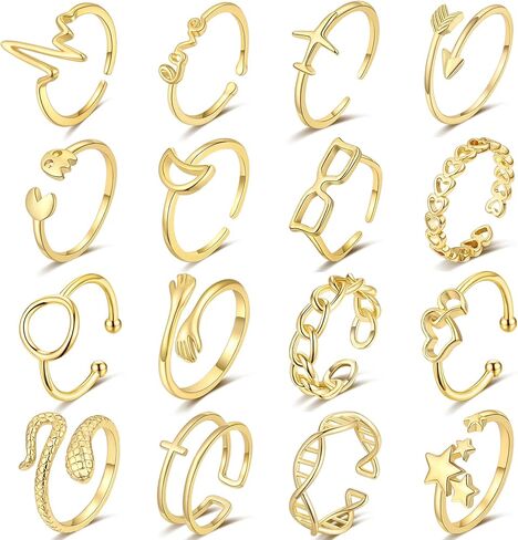 ZOERAY 16 قطعة خواتم قابلة للتعديل للنساء خواتم مفتوحة مجموعة سهم عقدة القلب موجة خواتم المفاصل خواتم التراص للفتيات في سن المراهقة in Kuwait